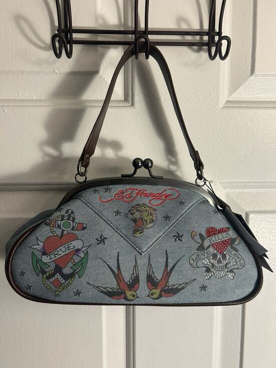Ed Hardy Handbags - Ed Hardy Tattoo Print Denim Kisslock Shoulder Bag Style EHH486-42-DEO